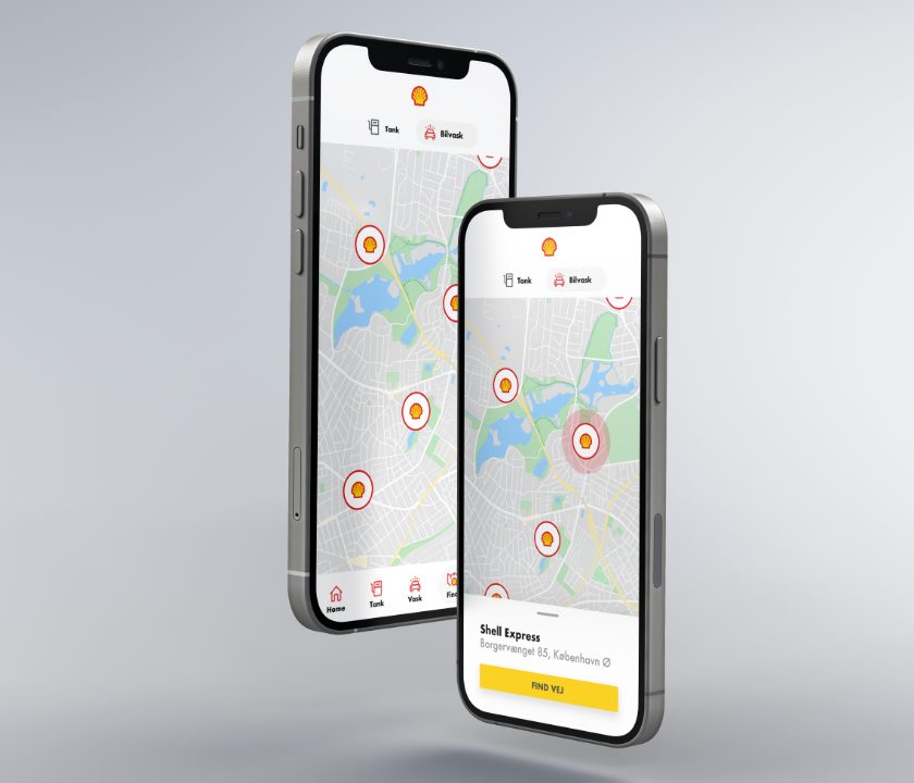 To mobiltelefoner med Shell Service App åbnet på stationssøgeren